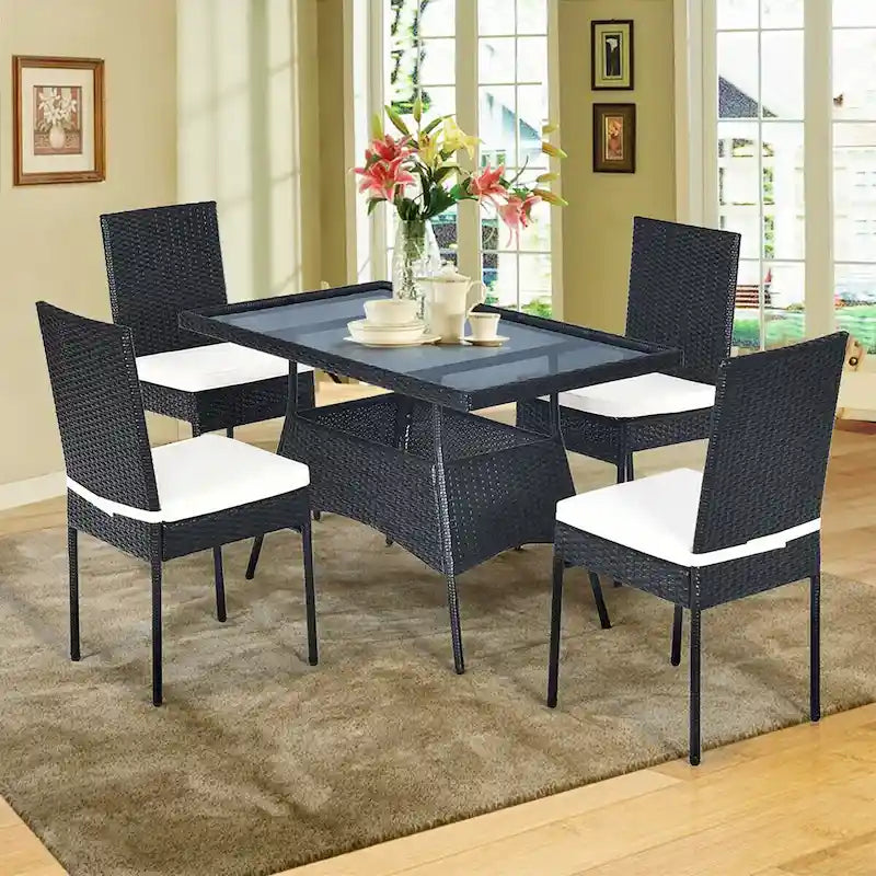 Costway 5PCS Patio Rattan Dining Set Table w/Glass Top Garden - See Details