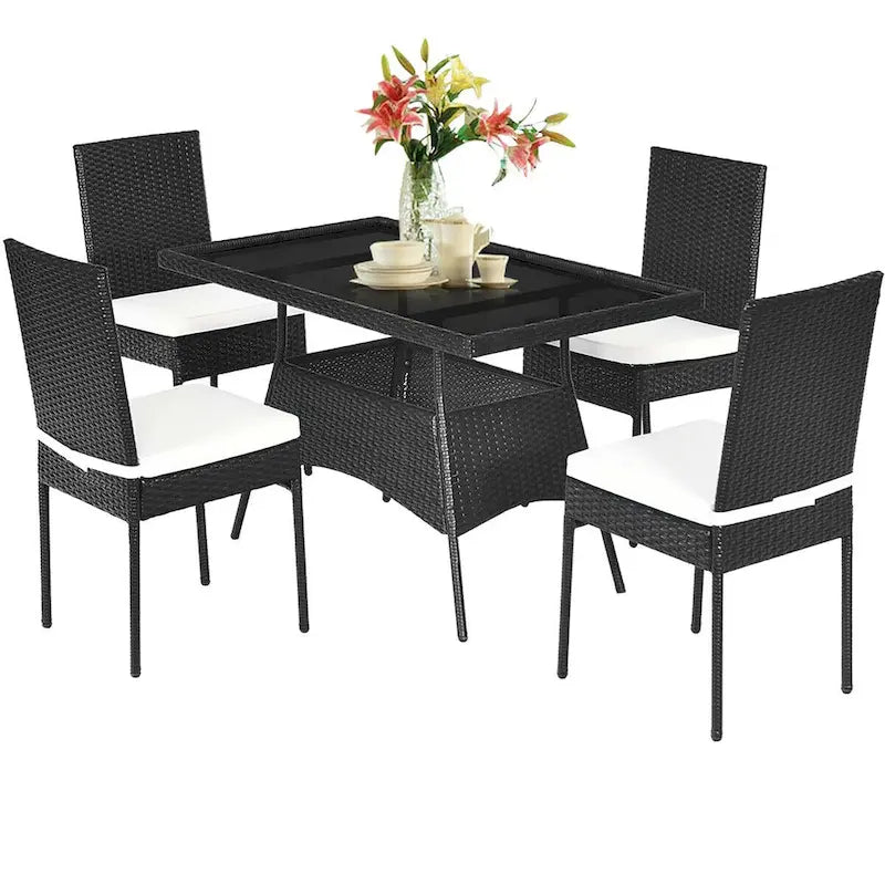 Costway 5PCS Patio Rattan Dining Set Table w/Glass Top Garden - See Details