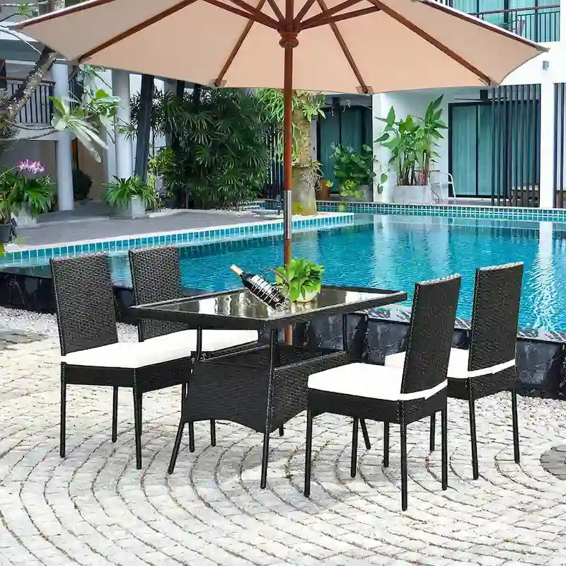 Costway 5PCS Patio Rattan Dining Set Table w/Glass Top Garden - See Details