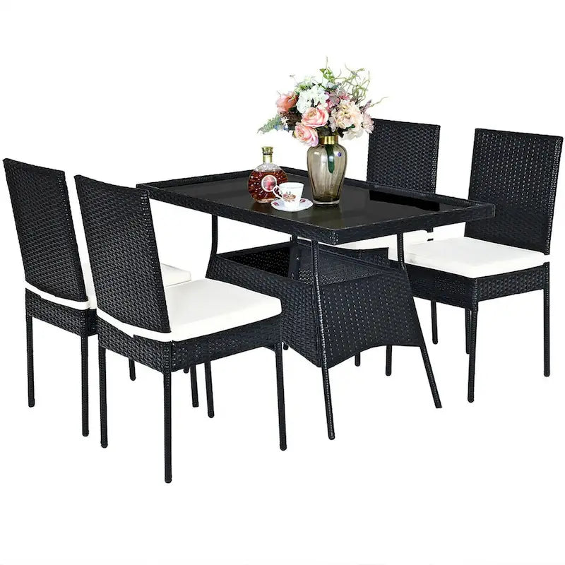 Costway 5PCS Patio Rattan Dining Set Table w/Glass Top Garden - See Details