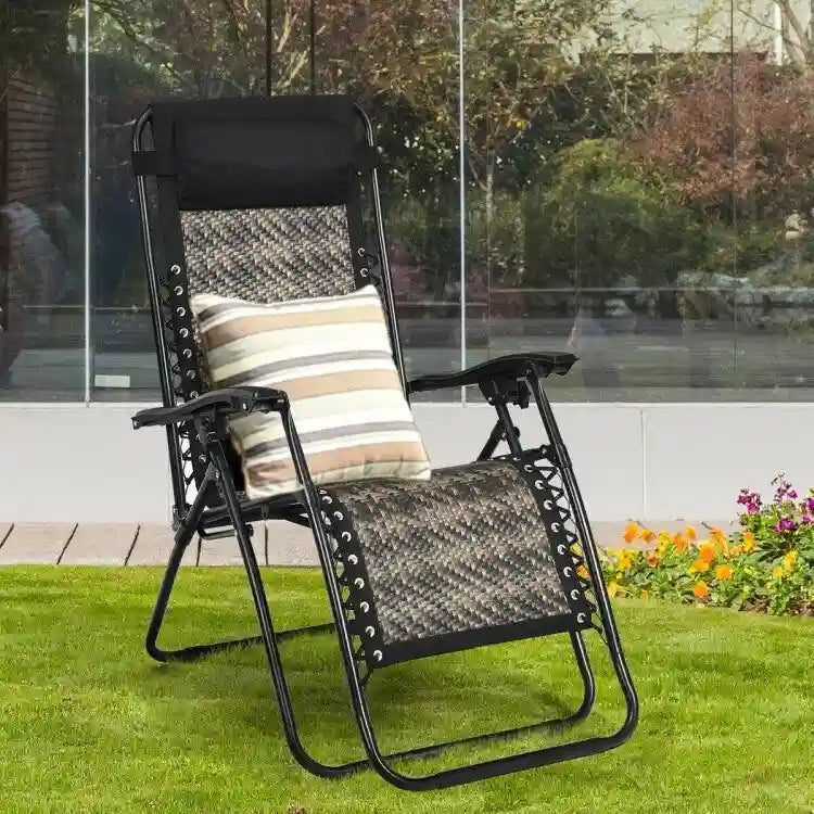Folding Rattan Zero Gravity Lounge Chair with Removable Head Pillow - 32~61 x 25.5 x 34~43.5 (L x W x H)