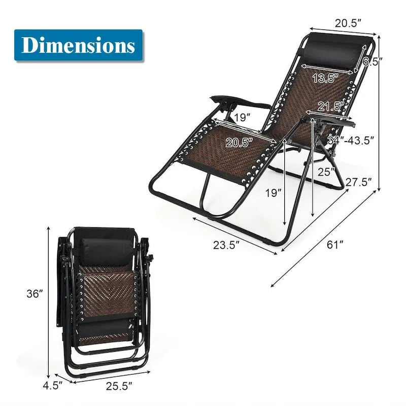 Folding Rattan Zero Gravity Lounge Chair with Removable Head Pillow - 32~61 x 25.5 x 34~43.5 (L x W x H)