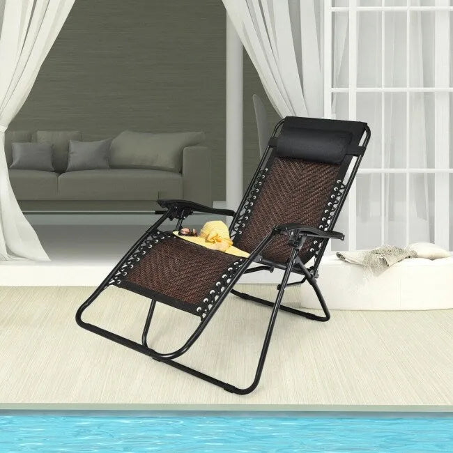 Folding Rattan Zero Gravity Lounge Chair with Removable Head Pillow - 32~61 x 25.5 x 34~43.5 (L x W x H)