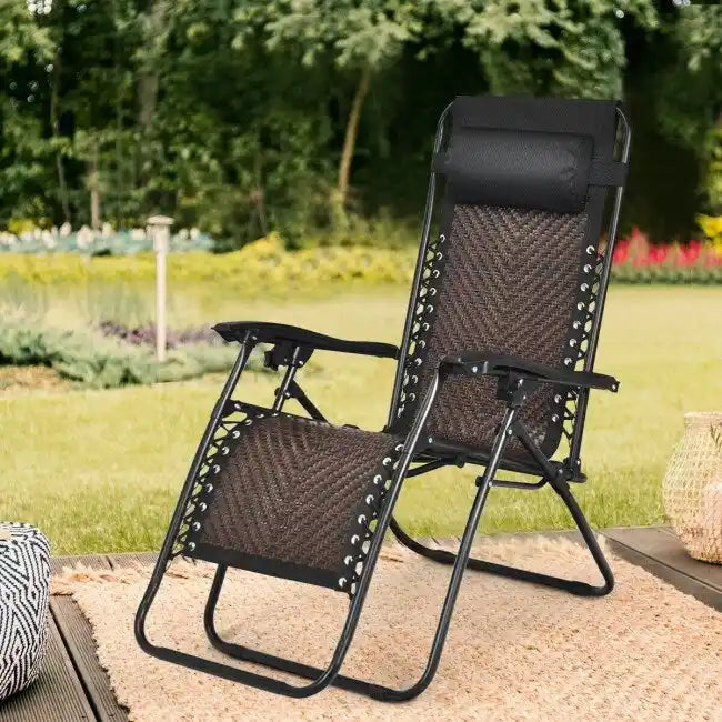 Folding Rattan Zero Gravity Lounge Chair with Removable Head Pillow - 32~61 x 25.5 x 34~43.5 (L x W x H)