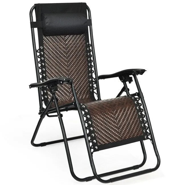 Folding Rattan Zero Gravity Lounge Chair with Removable Head Pillow - 32~61 x 25.5 x 34~43.5 (L x W x H)