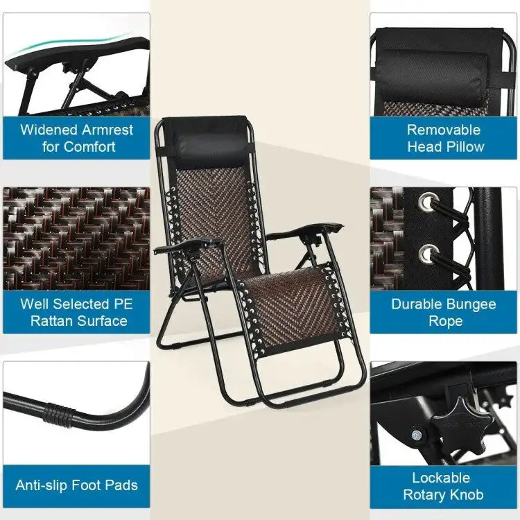 Folding Rattan Zero Gravity Lounge Chair with Removable Head Pillow - 32~61 x 25.5 x 34~43.5 (L x W x H)
