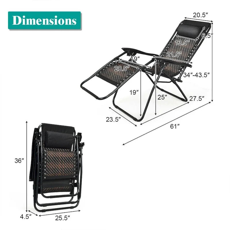 Folding Rattan Zero Gravity Lounge Chair with Removable Head Pillow - 32~61 x 25.5 x 34~43.5 (L x W x H)