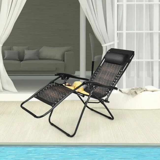 Folding Rattan Zero Gravity Lounge Chair with Removable Head Pillow - 32~61 x 25.5 x 34~43.5 (L x W x H)