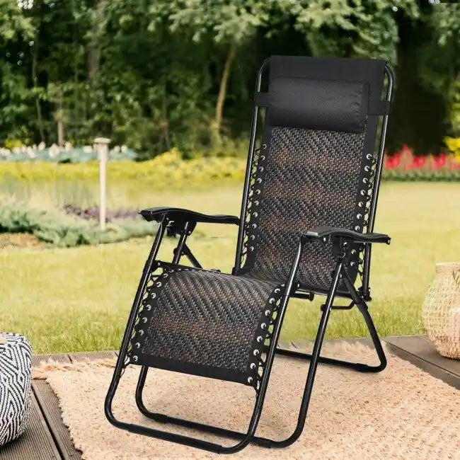 Folding Rattan Zero Gravity Lounge Chair with Removable Head Pillow - 32~61 x 25.5 x 34~43.5 (L x W x H)