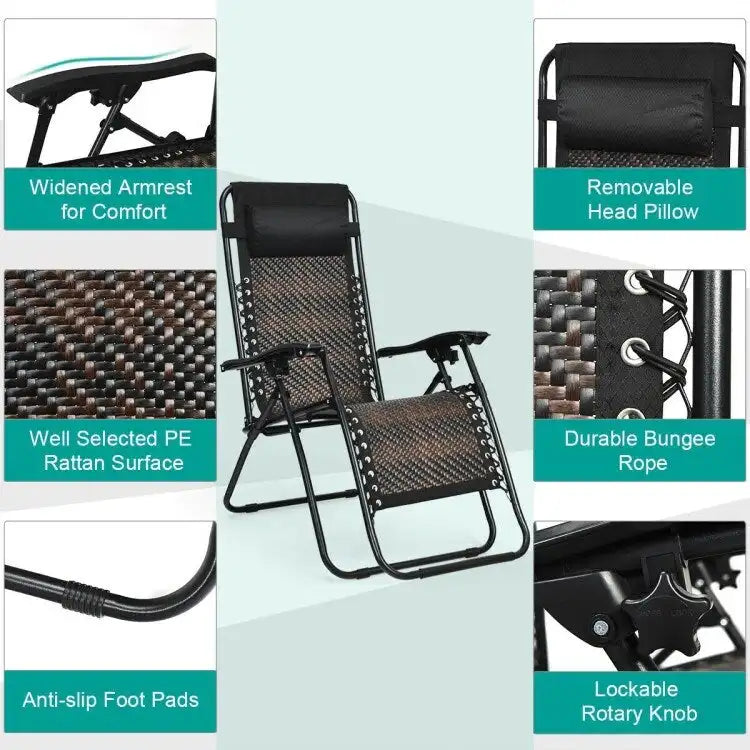 Folding Rattan Zero Gravity Lounge Chair with Removable Head Pillow - 32~61 x 25.5 x 34~43.5 (L x W x H)