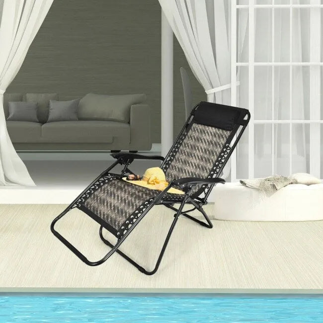 Folding Rattan Zero Gravity Lounge Chair with Removable Head Pillow - 32~61 x 25.5 x 34~43.5 (L x W x H)