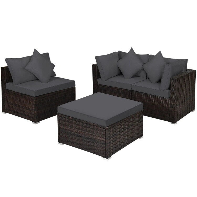 4 Pieces Patio Rattan Furniture Set with Removable Cushions and Pillows - Corner Sofa: 29 x 29 x 25