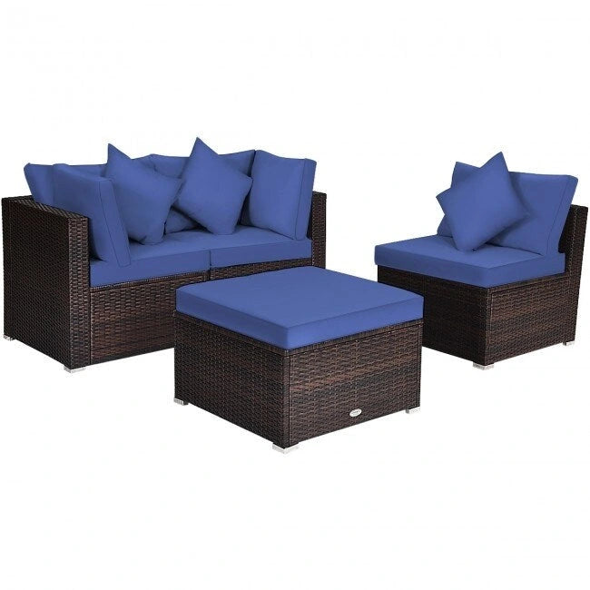 4 Pieces Patio Rattan Furniture Set with Removable Cushions and Pillows - Corner Sofa: 29 x 29 x 25