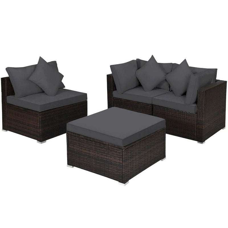 4 Pieces Patio Rattan Furniture Set with Removable Cushions and Pillows - Corner Sofa: 29 x 29 x 25