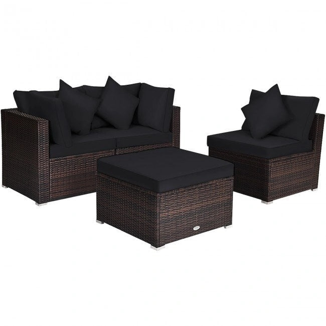 4 Pieces Patio Rattan Furniture Set with Removable Cushions and Pillows - Corner Sofa: 29 x 29 x 25