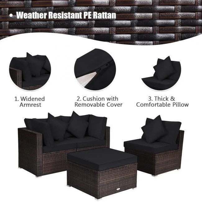 4 Pieces Patio Rattan Furniture Set with Removable Cushions and Pillows - Corner Sofa: 29 x 29 x 25