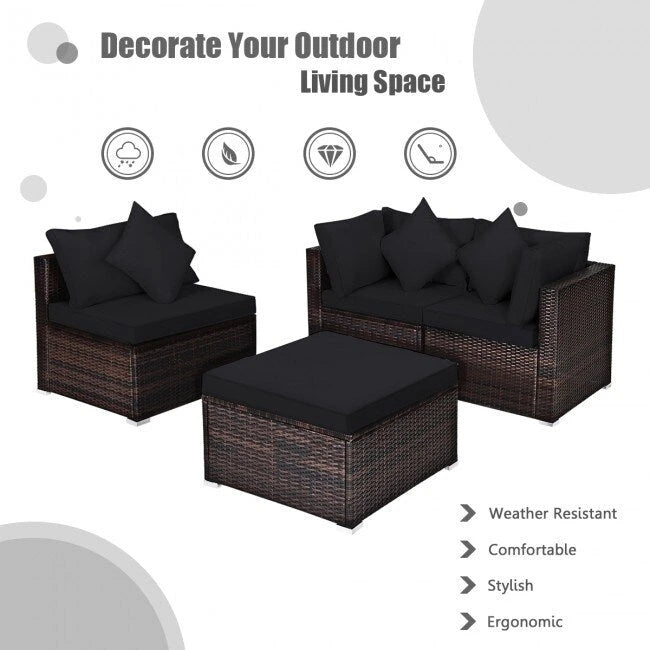 4 Pieces Patio Rattan Furniture Set with Removable Cushions and Pillows - Corner Sofa: 29 x 29 x 25