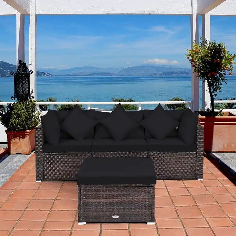 4 Pieces Patio Rattan Furniture Set with Removable Cushions and Pillows - Corner Sofa: 29 x 29 x 25
