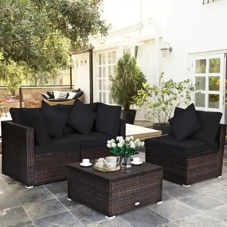 4 Pieces Patio Rattan Furniture Set with Removable Cushions and Pillows - Corner Sofa: 29 x 29 x 25