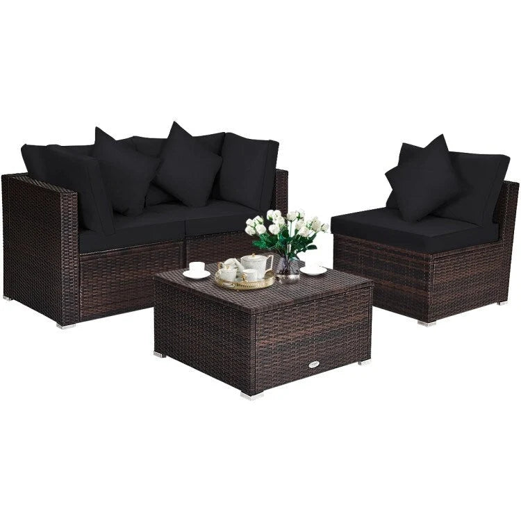 4 Pieces Patio Rattan Furniture Set with Removable Cushions and Pillows - Corner Sofa: 29 x 29 x 25