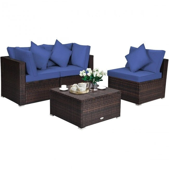 4 Pieces Patio Rattan Furniture Set with Removable Cushions and Pillows - Corner Sofa: 29 x 29 x 25
