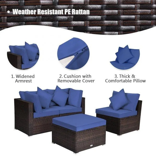4 Pieces Patio Rattan Furniture Set with Removable Cushions and Pillows - Corner Sofa: 29 x 29 x 25