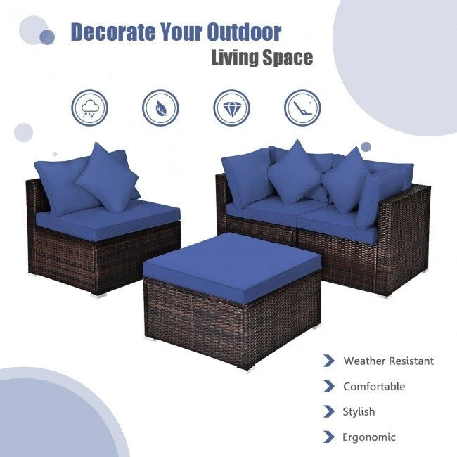 4 Pieces Patio Rattan Furniture Set with Removable Cushions and Pillows - Corner Sofa: 29 x 29 x 25