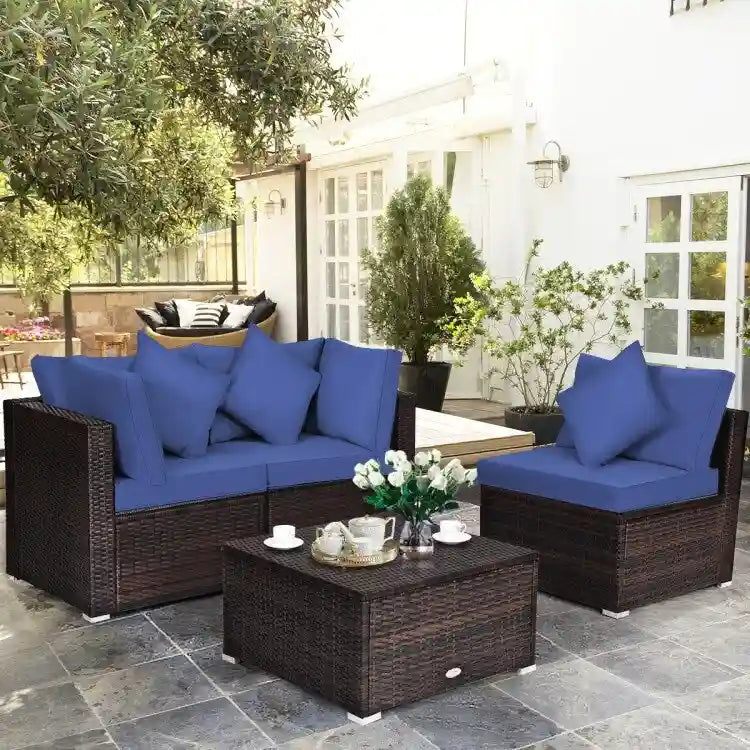 4 Pieces Patio Rattan Furniture Set with Removable Cushions and Pillows - Corner Sofa: 29 x 29 x 25