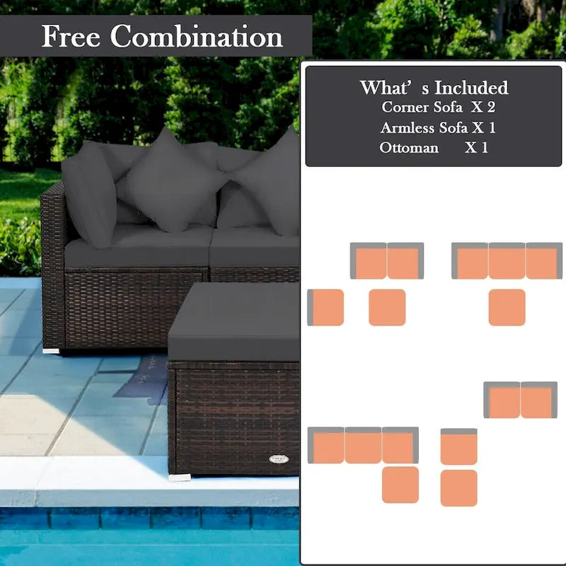 4 Pieces Patio Rattan Furniture Set with Removable Cushions and Pillows - Corner Sofa: 29 x 29 x 25