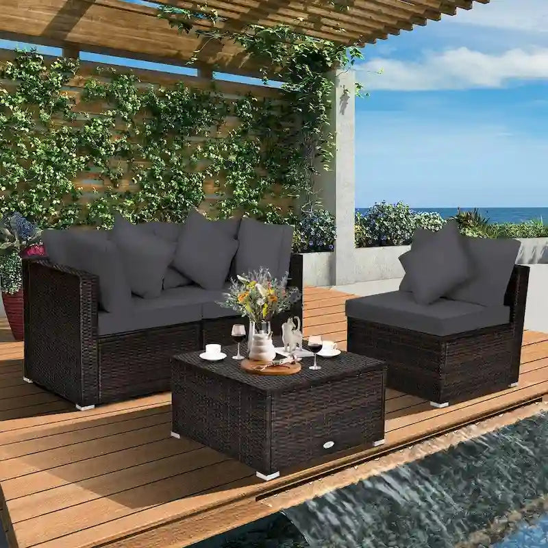 4 Pieces Patio Rattan Furniture Set with Removable Cushions and Pillows - Corner Sofa: 29 x 29 x 25