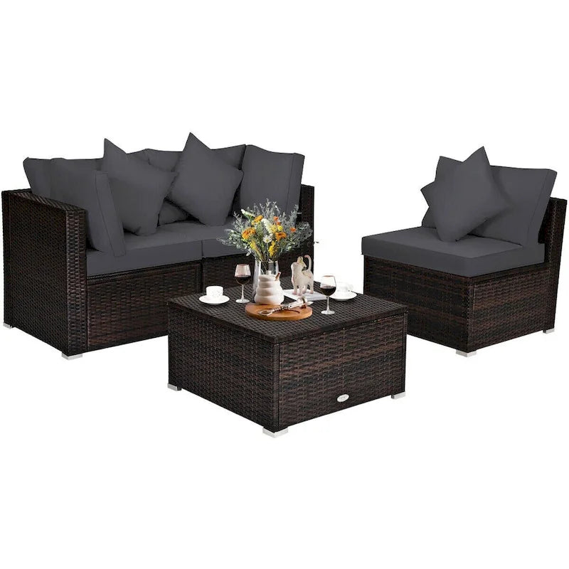 4 Pieces Patio Rattan Furniture Set with Removable Cushions and Pillows - Corner Sofa: 29 x 29 x 25