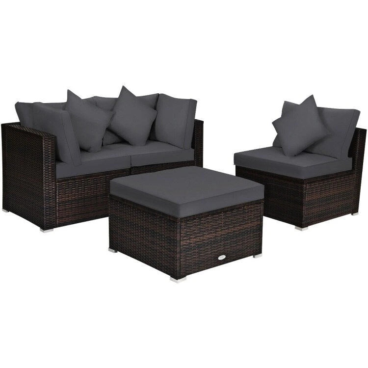 4 Pieces Patio Rattan Furniture Set with Removable Cushions and Pillows - Corner Sofa: 29 x 29 x 25