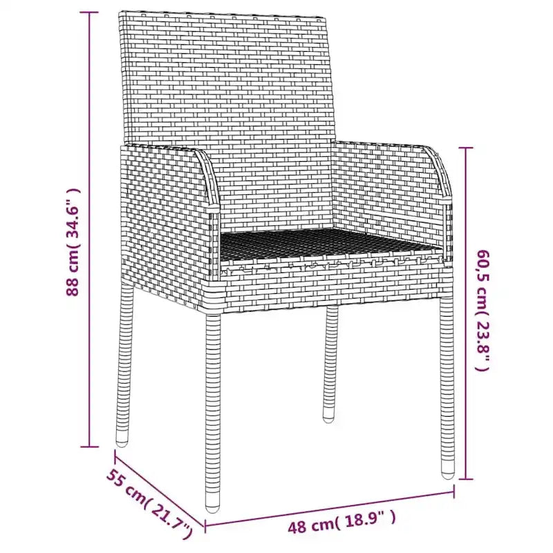 vidaXL 3 Piece Patio Dining Set with Cushions Black Poly Rattan - 18.9 x 21.7 x 34.6