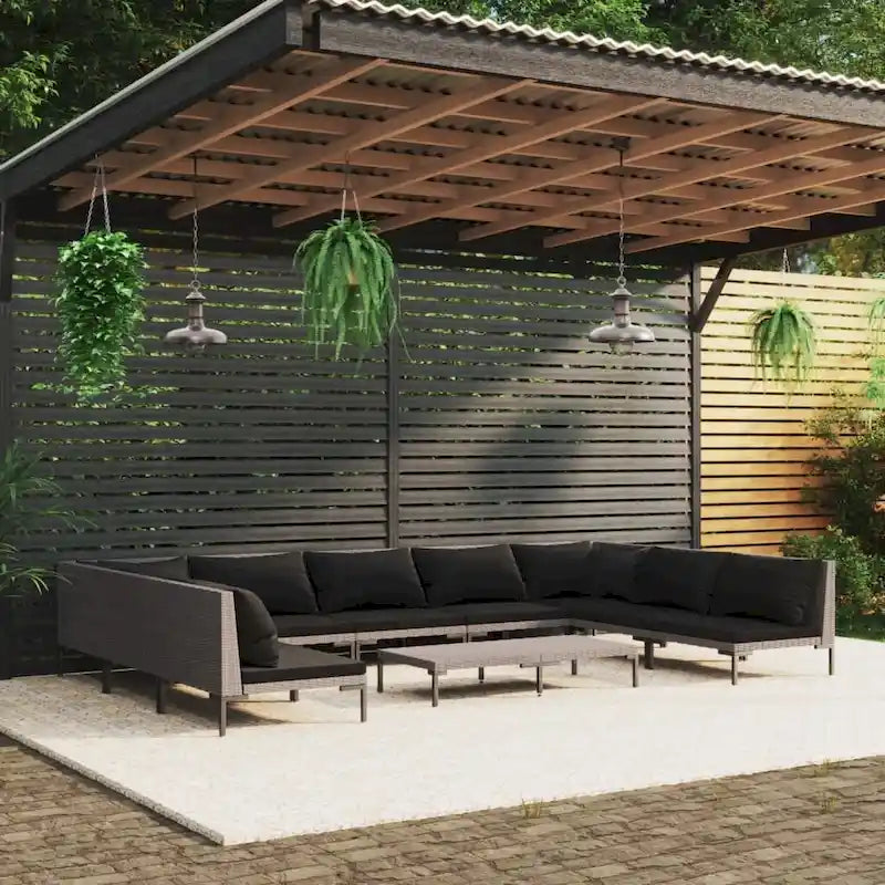 vidaXL Patio Lounge Set Outdoor Sectional Corner Sofa Poly Rattan Dark Grey - 27.6 x 27.6 x 24