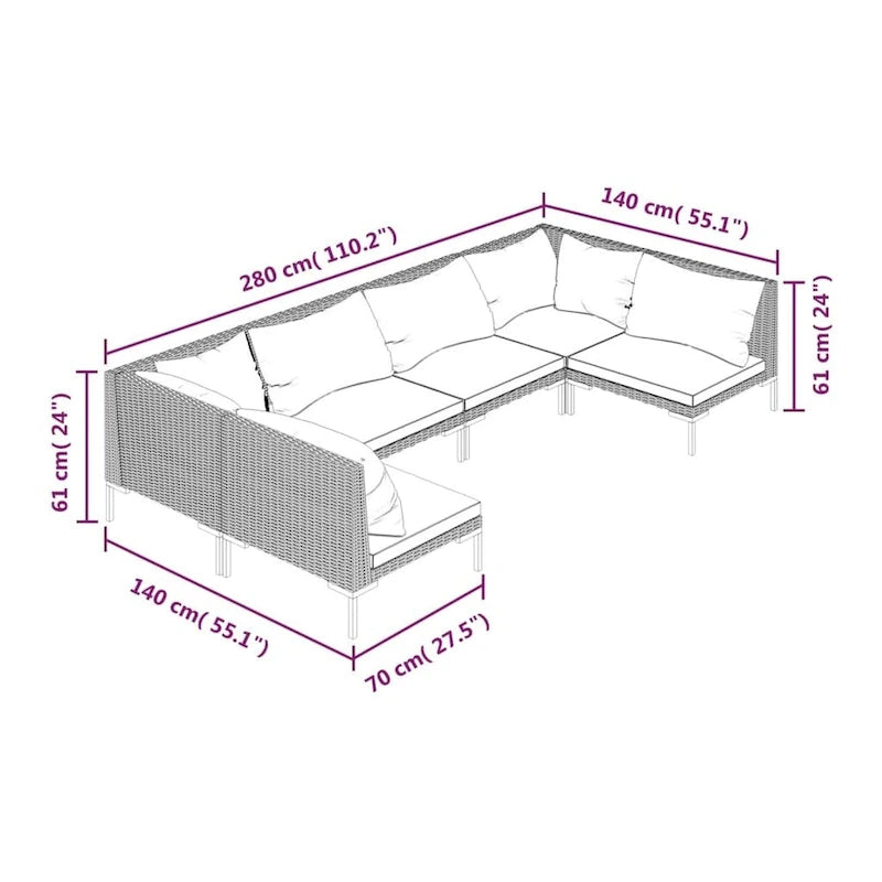 vidaXL Patio Lounge Set Outdoor Sectional Corner Sofa Poly Rattan Dark Grey - 27.6 x 27.6 x 24