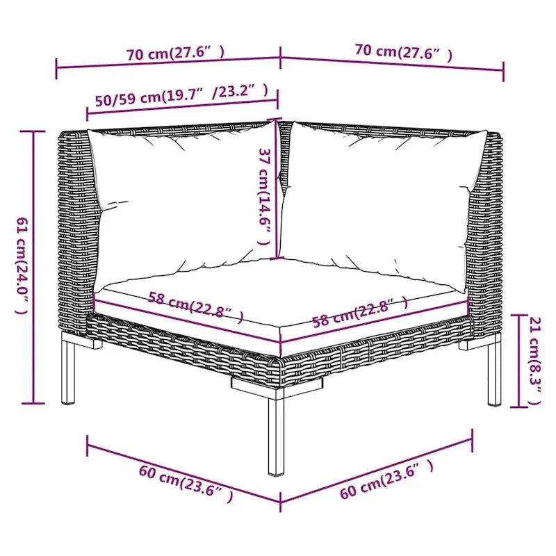 vidaXL Patio Lounge Set Outdoor Sectional Corner Sofa Poly Rattan Dark Grey - 27.6 x 27.6 x 24