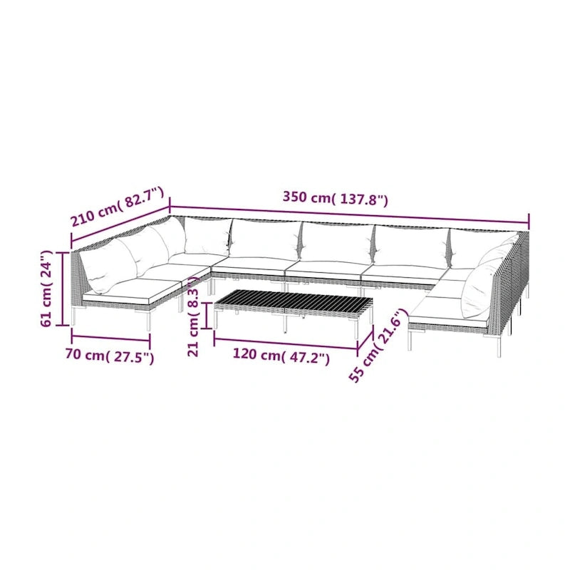 vidaXL Patio Lounge Set Outdoor Sectional Corner Sofa Poly Rattan Dark Grey - 27.6 x 27.6 x 24
