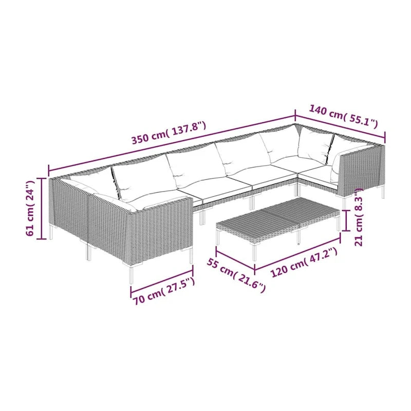 vidaXL Patio Lounge Set Outdoor Sectional Corner Sofa Poly Rattan Dark Grey - 27.6 x 27.6 x 24