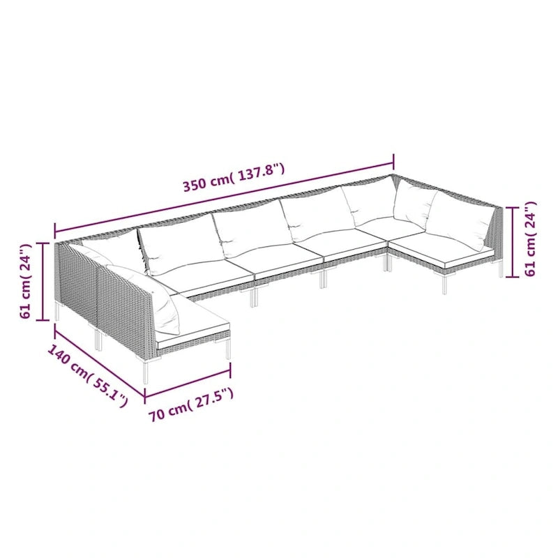 vidaXL Patio Lounge Set Outdoor Sectional Corner Sofa Poly Rattan Dark Grey - 27.6 x 27.6 x 24