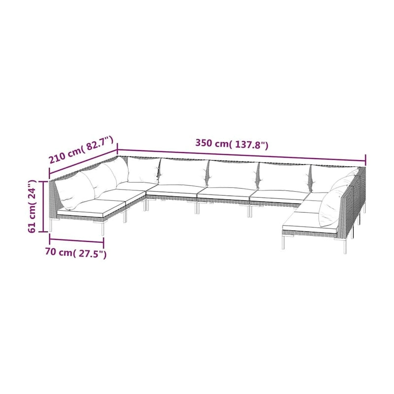 vidaXL Patio Lounge Set Outdoor Sectional Corner Sofa Poly Rattan Dark Grey - 27.6 x 27.6 x 24