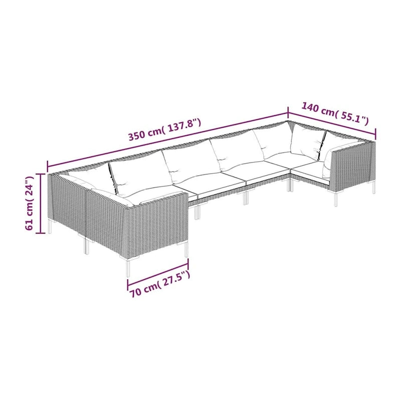 vidaXL Patio Lounge Set Outdoor Sectional Corner Sofa Poly Rattan Dark Grey - 27.6 x 27.6 x 24