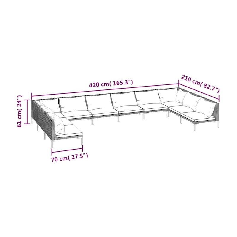 vidaXL Patio Lounge Set Outdoor Sectional Corner Sofa Poly Rattan Dark Grey - 27.6 x 27.6 x 24