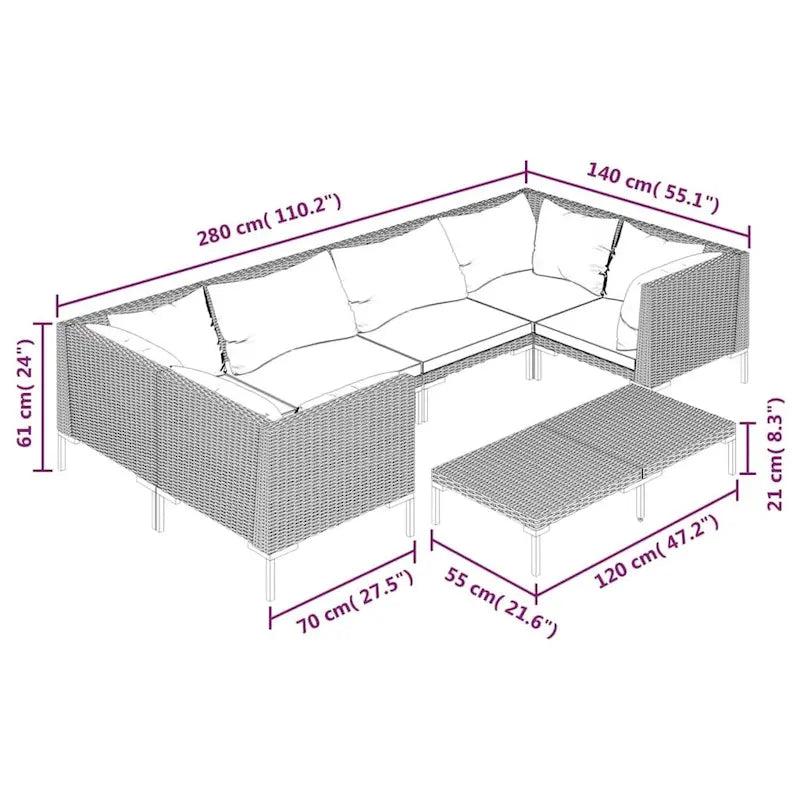 vidaXL Patio Lounge Set Outdoor Sectional Corner Sofa Poly Rattan Dark Grey - 27.6 x 27.6 x 24