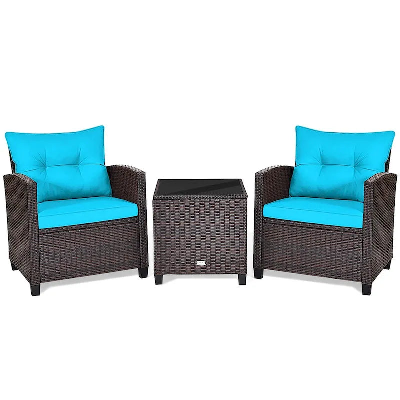 Gymax 3PCS Outdoor Patio Rattan Conversation Set w/ Coffee Table - See Details