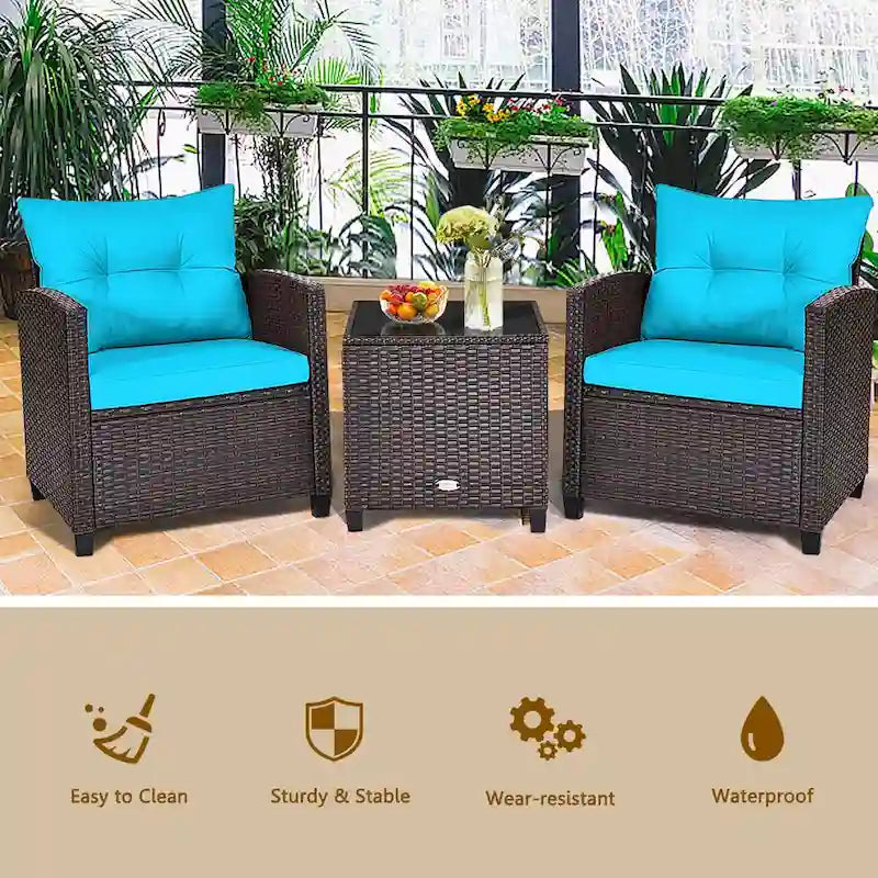 Gymax 3PCS Outdoor Patio Rattan Conversation Set w/ Coffee Table - See Details