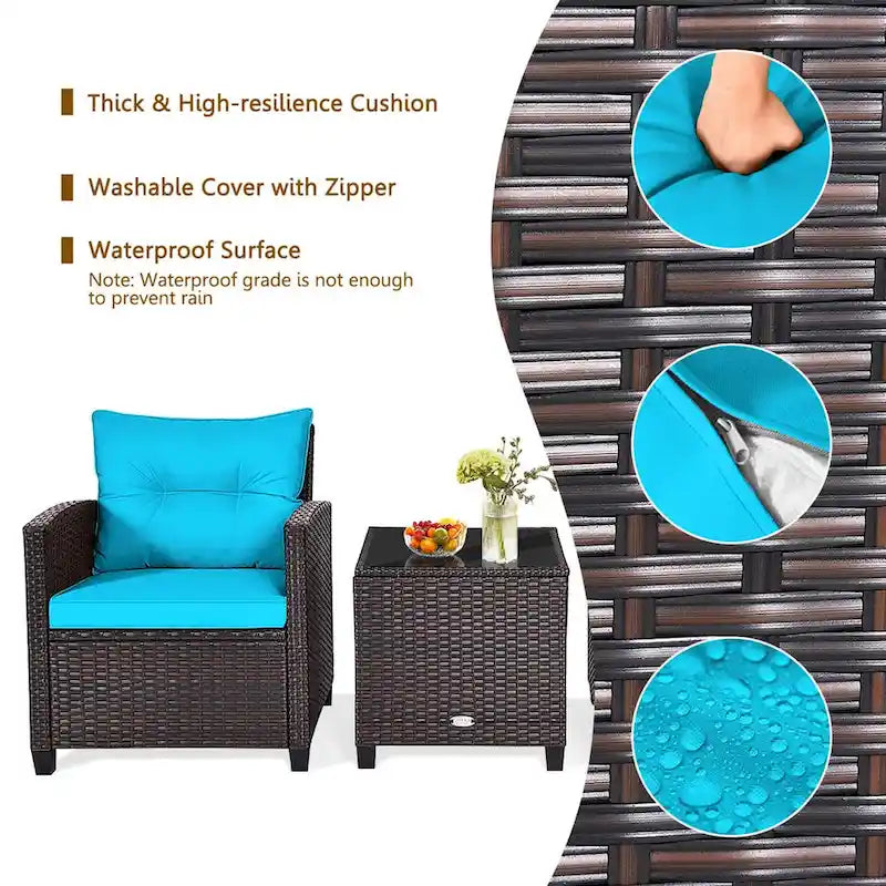 Gymax 3PCS Outdoor Patio Rattan Conversation Set w/ Coffee Table - See Details
