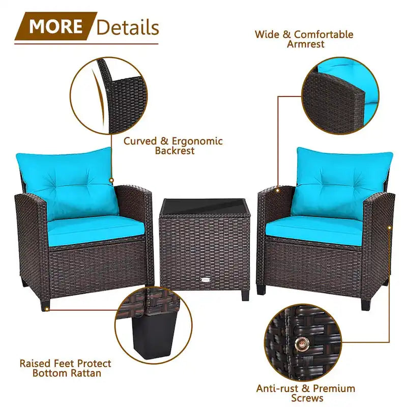 Gymax 3PCS Outdoor Patio Rattan Conversation Set w/ Coffee Table - See Details