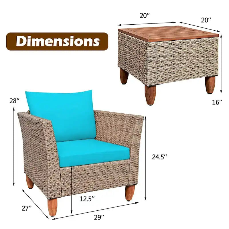 3 Pieces Patio Rattan Furniture Set with Washable Cushion for Yard Porch - 29 x 27 x 28(L x W x H)