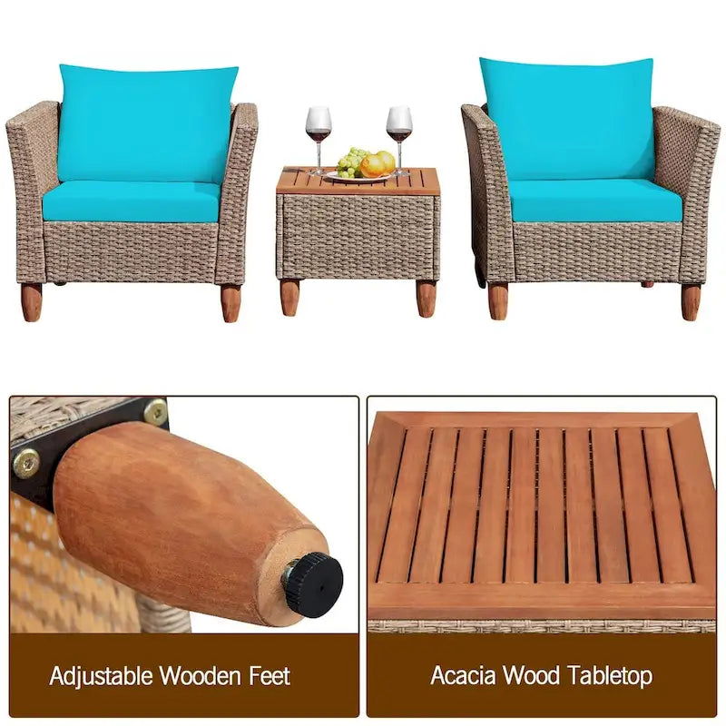 3 Pieces Patio Rattan Furniture Set with Washable Cushion for Yard Porch - 29 x 27 x 28(L x W x H)