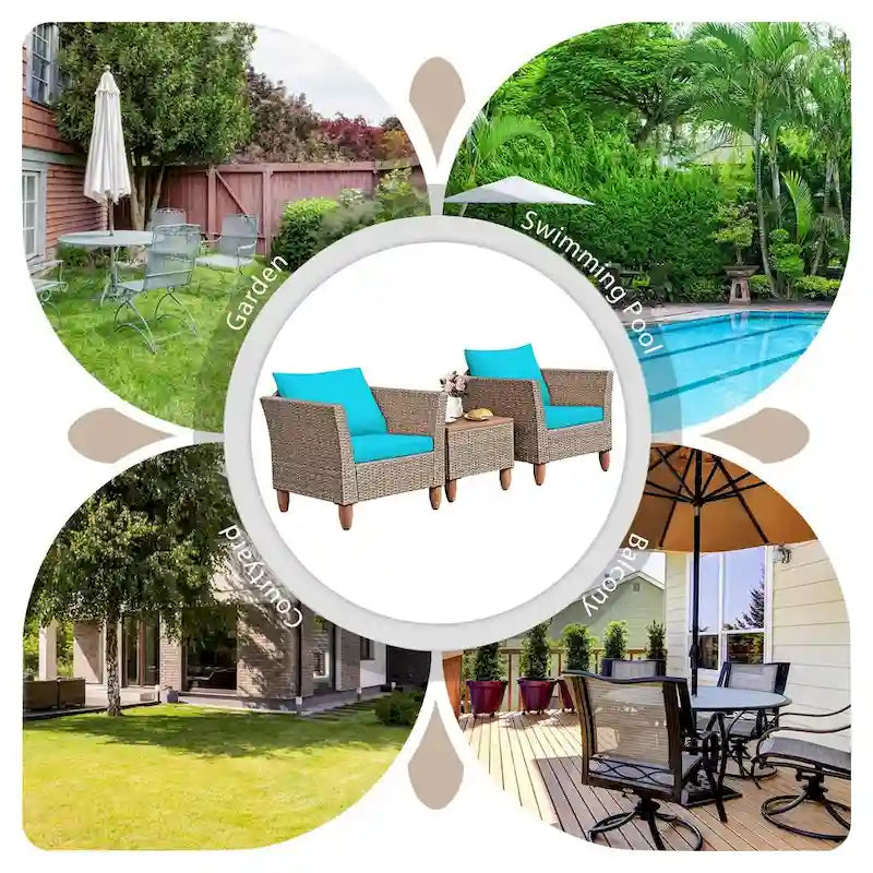 3 Pieces Patio Rattan Furniture Set with Washable Cushion for Yard Porch - 29 x 27 x 28(L x W x H)